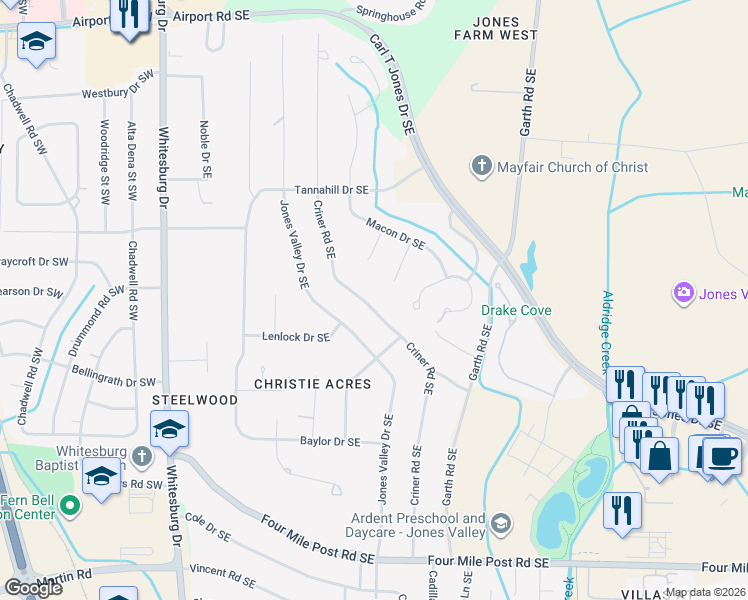 map of restaurants, bars, coffee shops, grocery stores, and more near 5825 Criner Road Southeast in Huntsville
