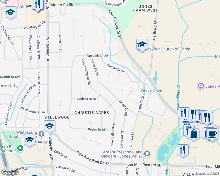 map of restaurants, bars, coffee shops, grocery stores, and more near 5825 Criner Road Southeast in Huntsville