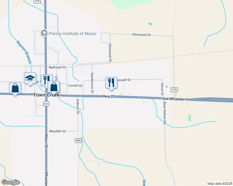 map of restaurants, bars, coffee shops, grocery stores, and more near 3115 Alabama 20 in Town Creek