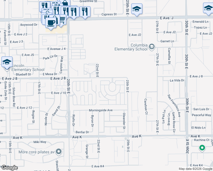map of restaurants, bars, coffee shops, grocery stores, and more near 2330 East Avenue J 8 in Lancaster