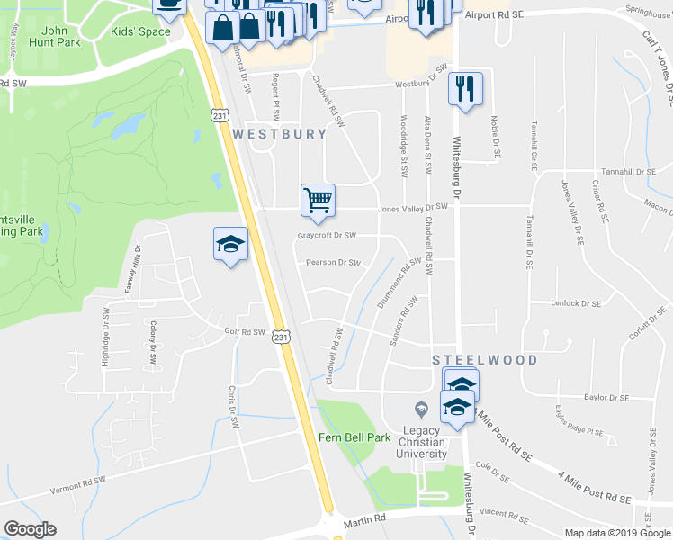map of restaurants, bars, coffee shops, grocery stores, and more near 421 Pearson Drive Southwest in Huntsville
