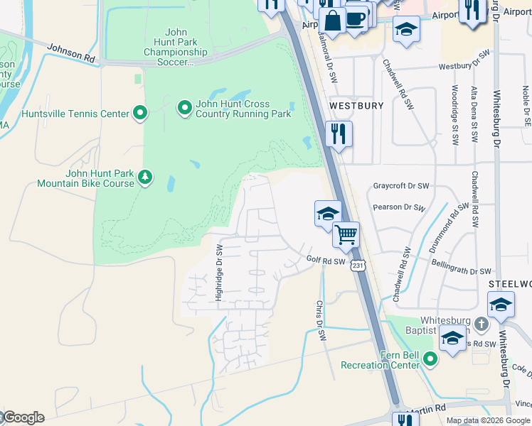 map of restaurants, bars, coffee shops, grocery stores, and more near 2020 Golf Road Southwest in Huntsville