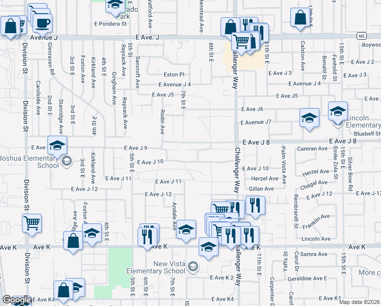 map of restaurants, bars, coffee shops, grocery stores, and more near 716 East Avenue J 9 in Lancaster