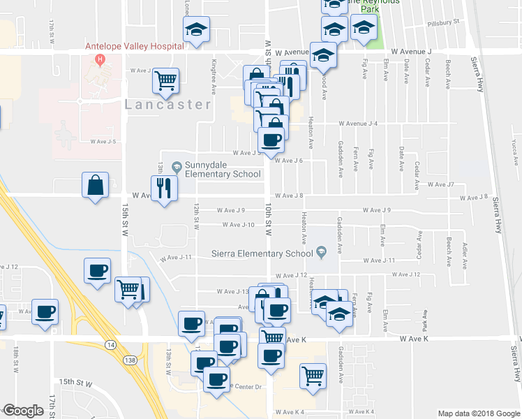 map of restaurants, bars, coffee shops, grocery stores, and more near 1005 Avenue J-9 in Lancaster