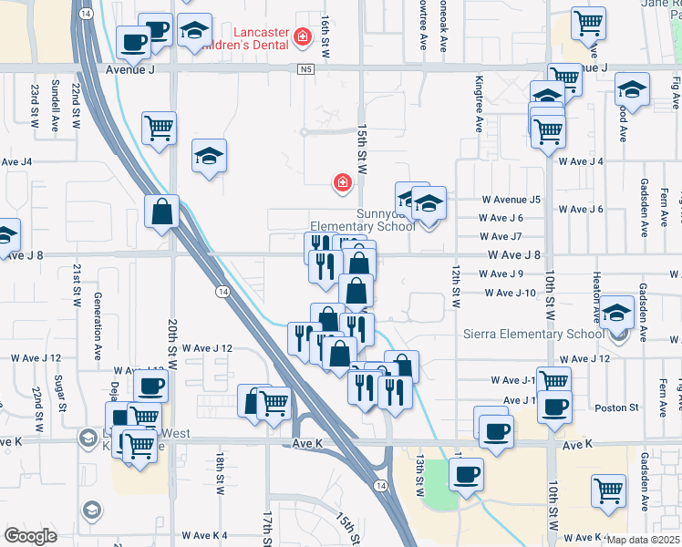 map of restaurants, bars, coffee shops, grocery stores, and more near 43989 15th Street West in Lancaster