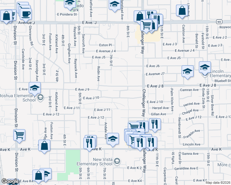map of restaurants, bars, coffee shops, grocery stores, and more near 716 East Avenue J 9 in Lancaster