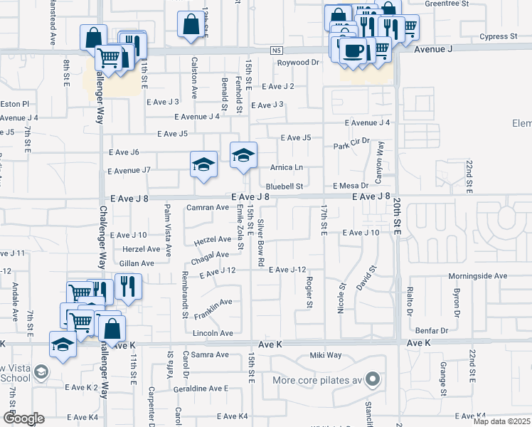 map of restaurants, bars, coffee shops, grocery stores, and more near 43932 Silver Bow Road in Lancaster
