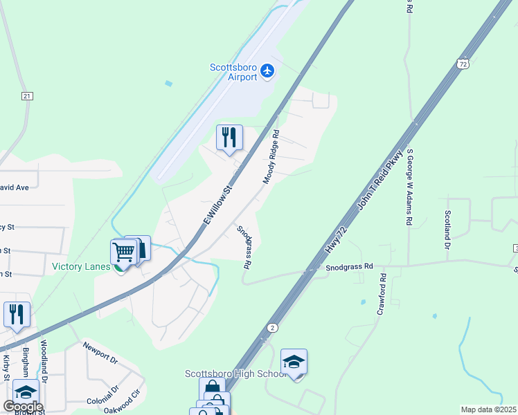 map of restaurants, bars, coffee shops, grocery stores, and more near 2012 Moody Ridge Road in Scottsboro