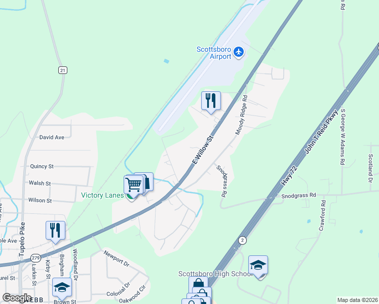 map of restaurants, bars, coffee shops, grocery stores, and more near 2801 County Road 107 in Scottsboro