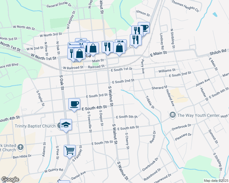 map of restaurants, bars, coffee shops, grocery stores, and more near 407 East South 3rd Street in Seneca