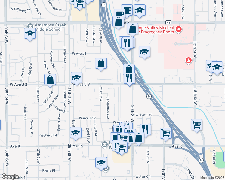 map of restaurants, bars, coffee shops, grocery stores, and more near 43945 Johns Court in Lancaster