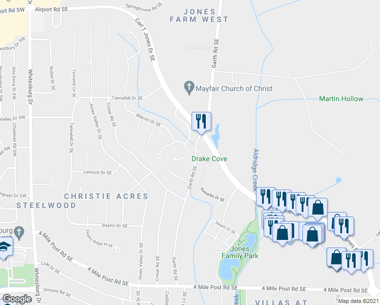 map of restaurants, bars, coffee shops, grocery stores, and more near 5012 Littlebury Road Southeast in Huntsville