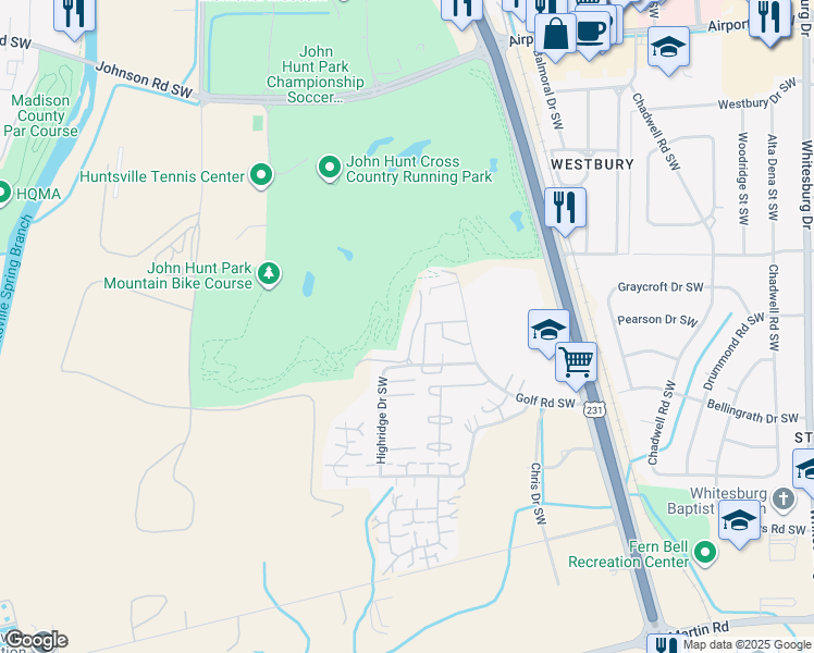 map of restaurants, bars, coffee shops, grocery stores, and more near 2010 Fairway Hills Drive in Huntsville