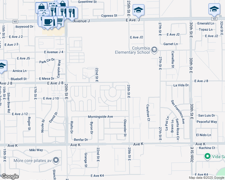 map of restaurants, bars, coffee shops, grocery stores, and more near 2330 East Avenue J 8 in Lancaster