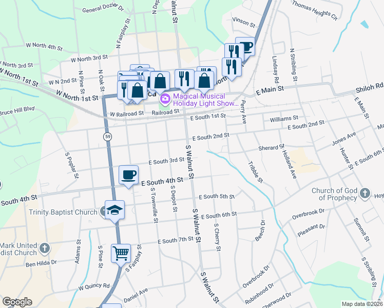 map of restaurants, bars, coffee shops, grocery stores, and more near 407 East South 3rd Street in Seneca
