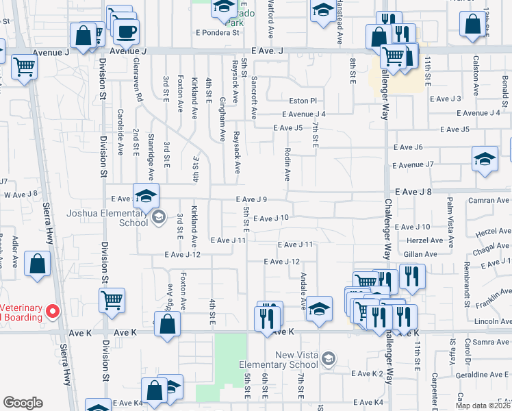 map of restaurants, bars, coffee shops, grocery stores, and more near 514 East Avenue J in Lancaster