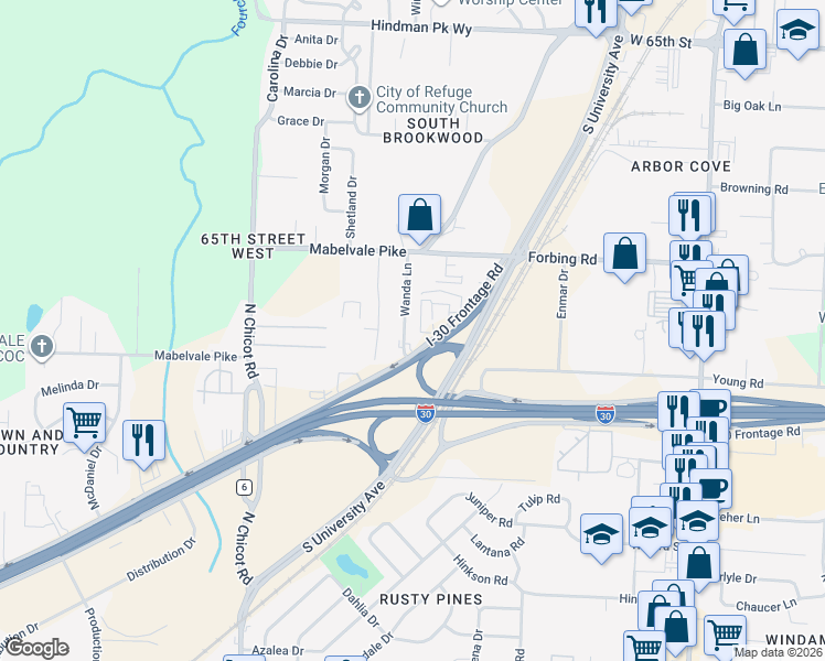 map of restaurants, bars, coffee shops, grocery stores, and more near 23 Wanda Lane in Little Rock