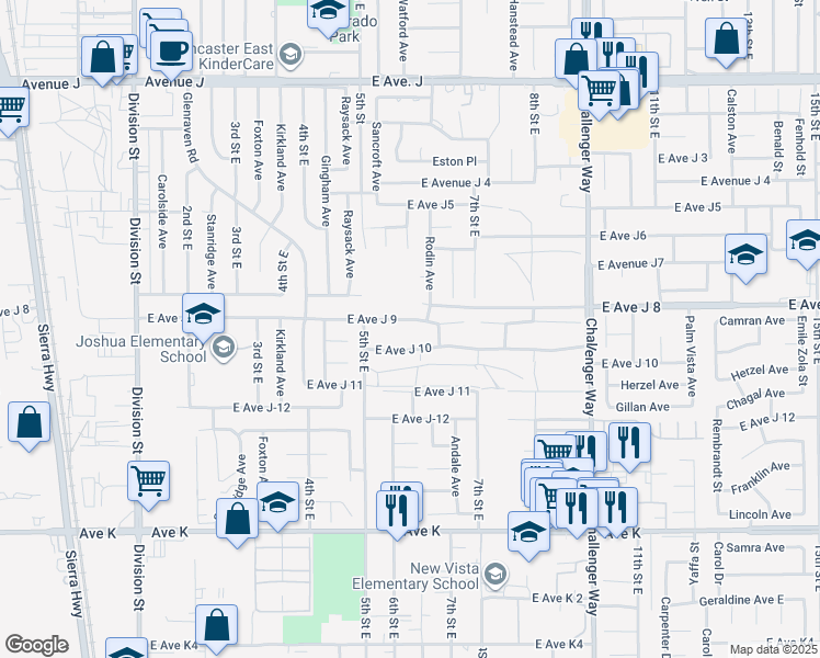 map of restaurants, bars, coffee shops, grocery stores, and more near 550 East Avenue J 9 in Lancaster