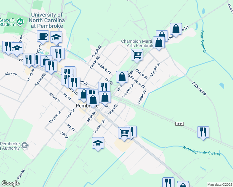 map of restaurants, bars, coffee shops, grocery stores, and more near 102 Union Chapel Road in Pembroke