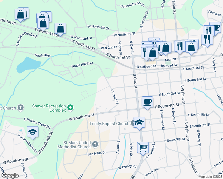 map of restaurants, bars, coffee shops, grocery stores, and more near South Poplar Street in Seneca