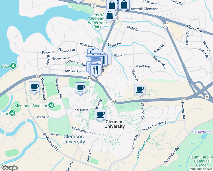 map of restaurants, bars, coffee shops, grocery stores, and more near Sherman Street in Clemson