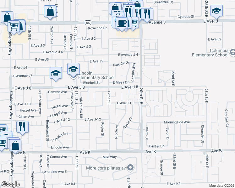 map of restaurants, bars, coffee shops, grocery stores, and more near 43934 Amy Court in Lancaster