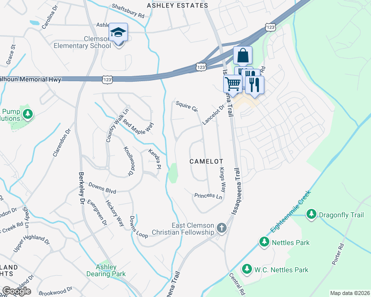 map of restaurants, bars, coffee shops, grocery stores, and more near 108 Knight Circle in Clemson