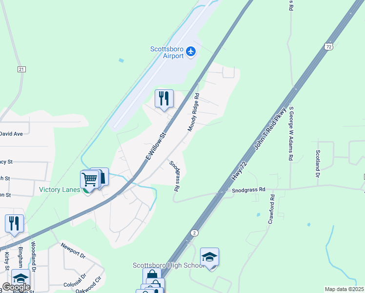 map of restaurants, bars, coffee shops, grocery stores, and more near 2012 Moody Ridge Road in Scottsboro