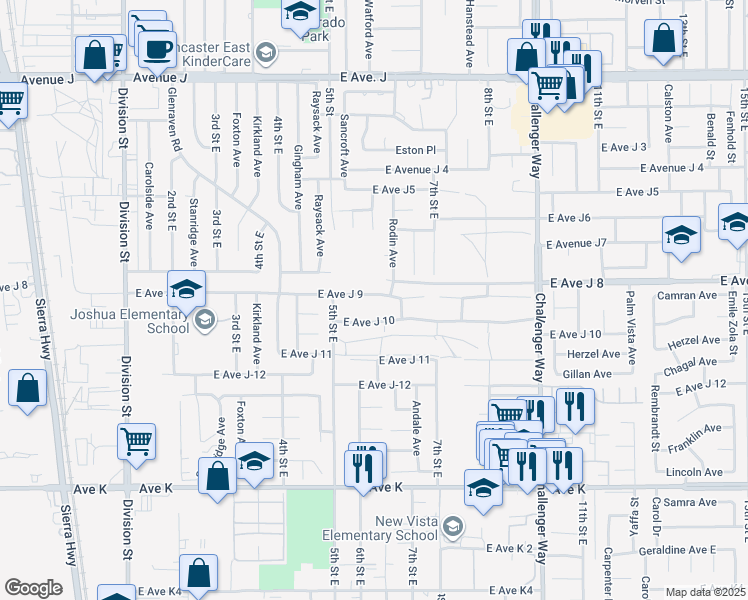 map of restaurants, bars, coffee shops, grocery stores, and more near 550 East Avenue J 9 in Lancaster