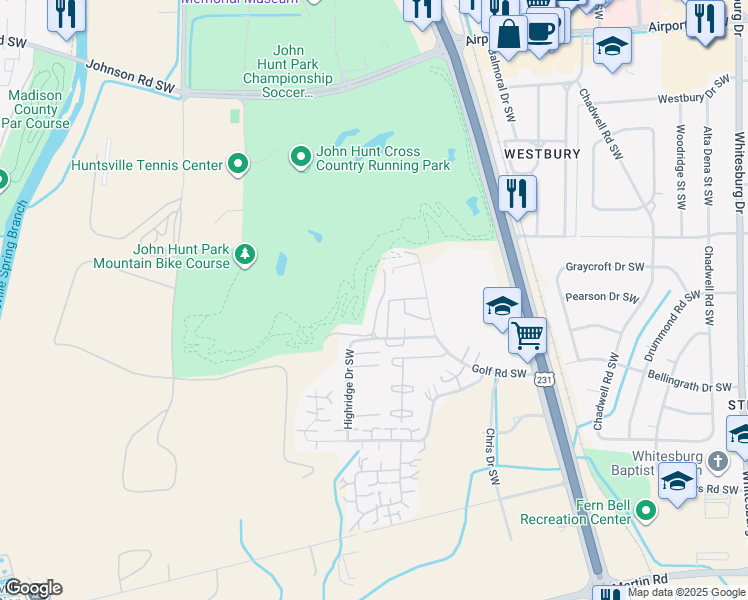 map of restaurants, bars, coffee shops, grocery stores, and more near 2010 Fairway Hills Drive in Huntsville