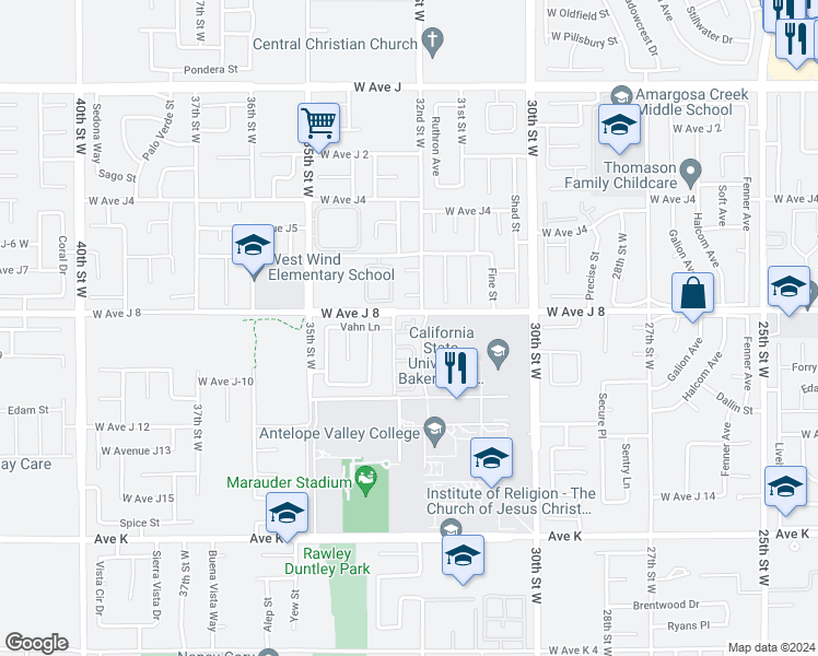map of restaurants, bars, coffee shops, grocery stores, and more near 43950 Bobby Jones Drive in Lancaster