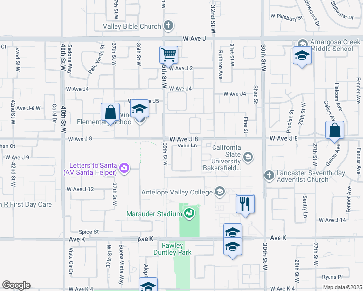 map of restaurants, bars, coffee shops, grocery stores, and more near 33rd Street West in Lancaster