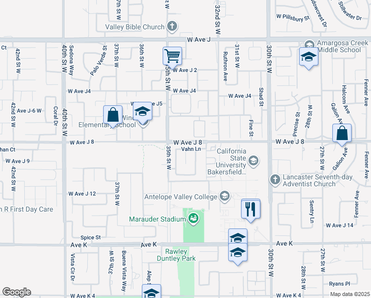 map of restaurants, bars, coffee shops, grocery stores, and more near 33rd Street West in Lancaster
