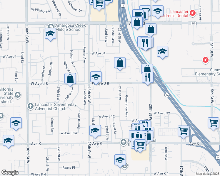 map of restaurants, bars, coffee shops, grocery stores, and more near 43954 Blue Sky Court in Lancaster
