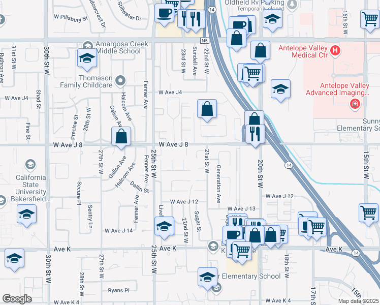 map of restaurants, bars, coffee shops, grocery stores, and more near 43954 Blue Sky Court in Lancaster