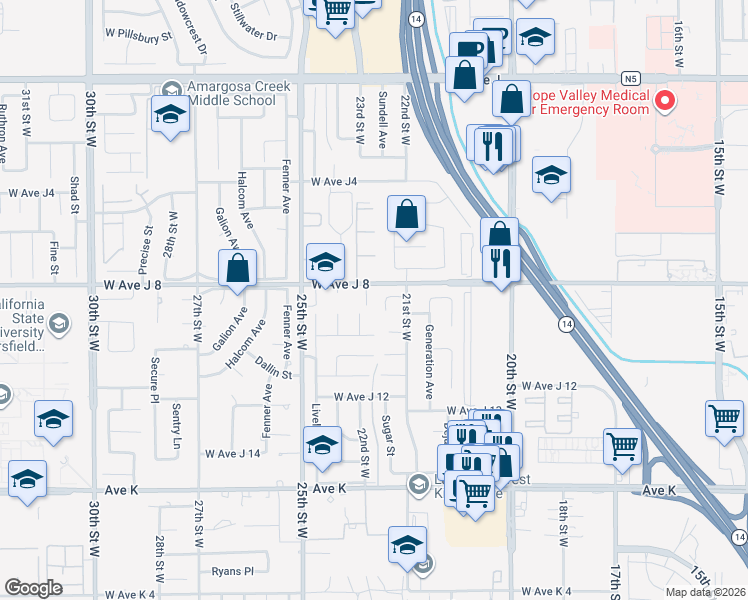 map of restaurants, bars, coffee shops, grocery stores, and more near 43954 Blue Sky Court in Lancaster