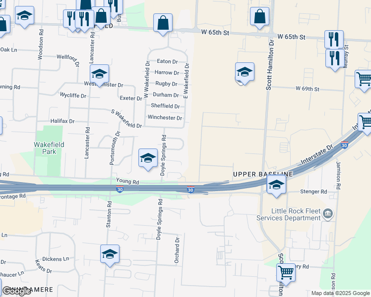 map of restaurants, bars, coffee shops, grocery stores, and more near 25 Clement Drive in Little Rock