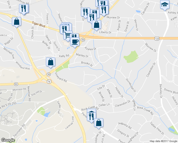 map of restaurants, bars, coffee shops, grocery stores, and more near 117 Roslyn Drive in Clemson
