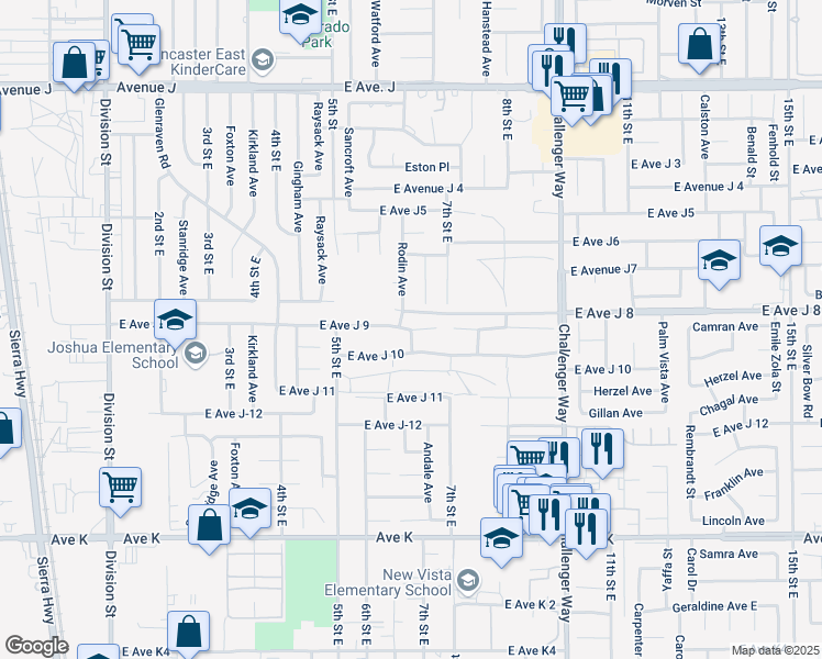 map of restaurants, bars, coffee shops, grocery stores, and more near 600 East Avenue J 9 in Lancaster