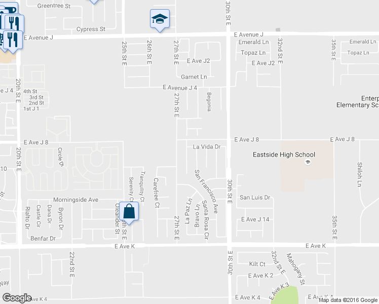 map of restaurants, bars, coffee shops, grocery stores, and more near 43938 Delgado Court in Lancaster
