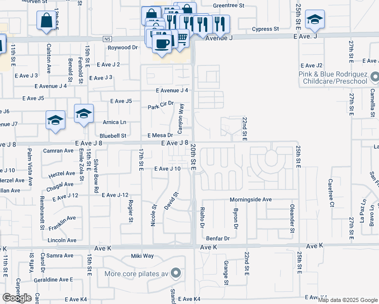 map of restaurants, bars, coffee shops, grocery stores, and more near 43940 Sammy Drive in Lancaster
