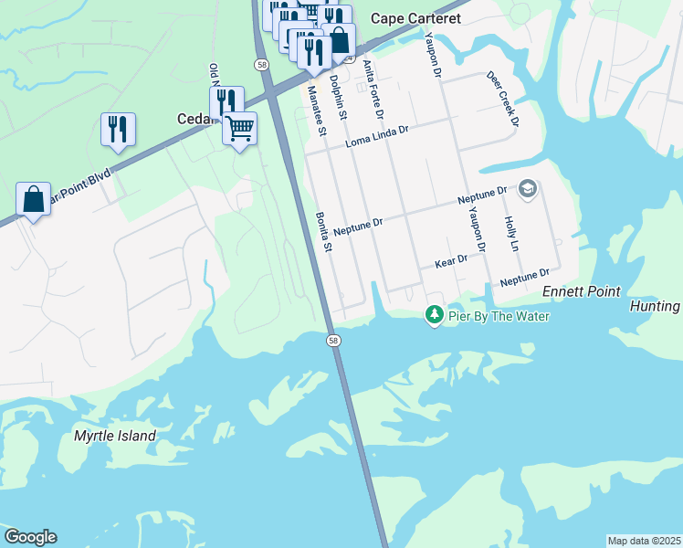 map of restaurants, bars, coffee shops, grocery stores, and more near 312 Bonita Street in Cape Carteret