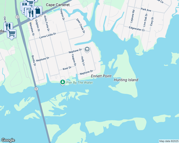 map of restaurants, bars, coffee shops, grocery stores, and more near 557 Neptune Dr in Cape Carteret