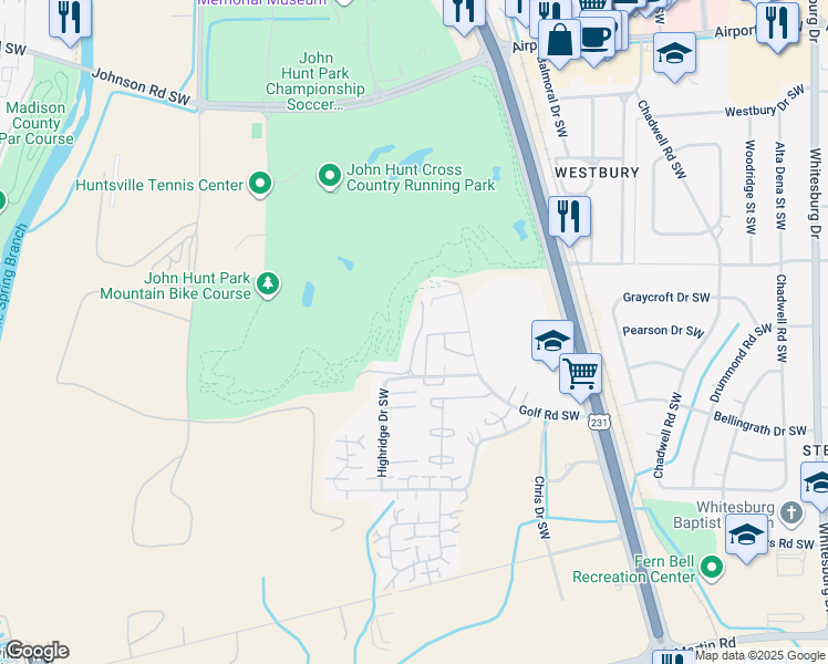 map of restaurants, bars, coffee shops, grocery stores, and more near 2022 Fairway Hills Drive in Huntsville