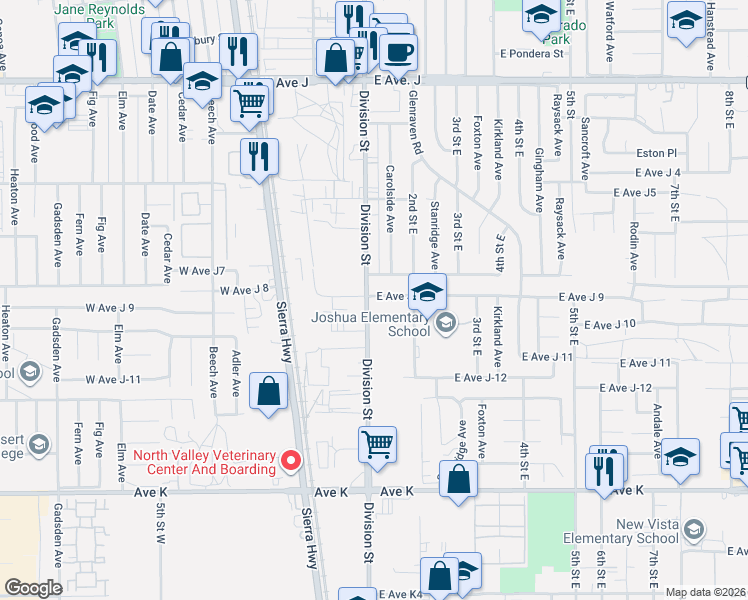 map of restaurants, bars, coffee shops, grocery stores, and more near 78 East Avenue J 8 in Lancaster