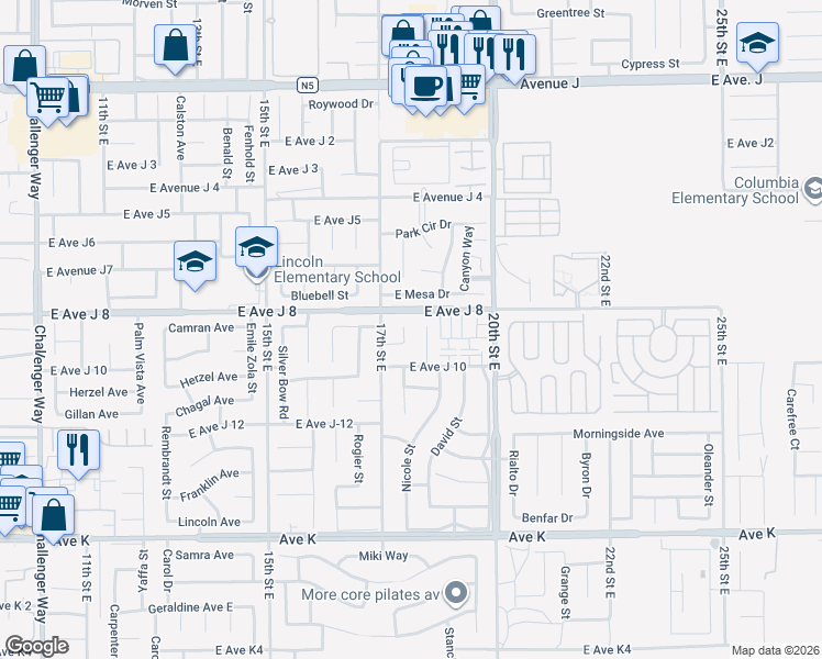 map of restaurants, bars, coffee shops, grocery stores, and more near 43940 Amy Court in Lancaster
