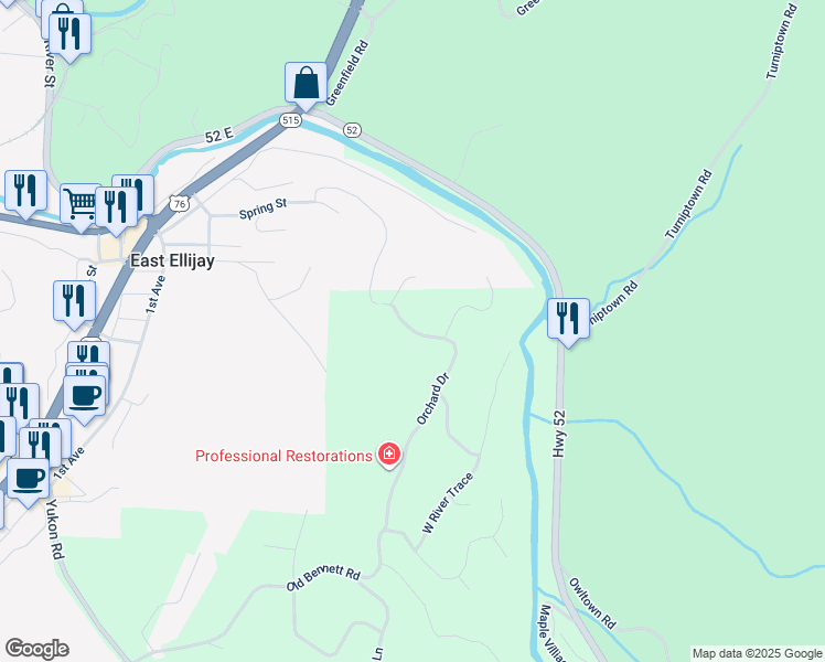 map of restaurants, bars, coffee shops, grocery stores, and more near Old Orchard Road in Ellijay