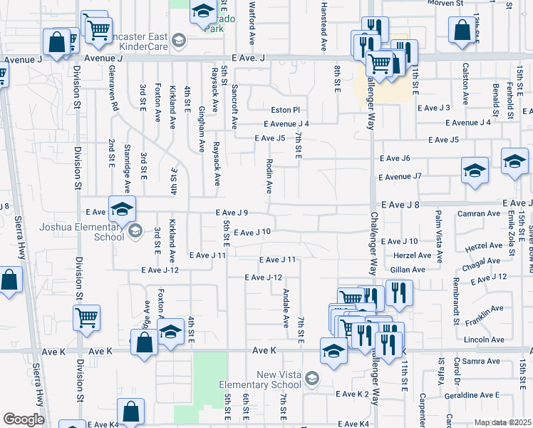 map of restaurants, bars, coffee shops, grocery stores, and more near 600 East Avenue J 9 in Lancaster
