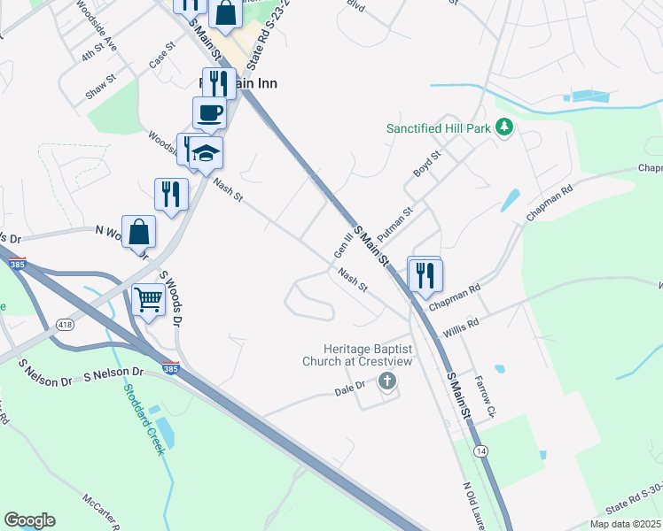 map of restaurants, bars, coffee shops, grocery stores, and more near 512 Nash Street in Fountain Inn