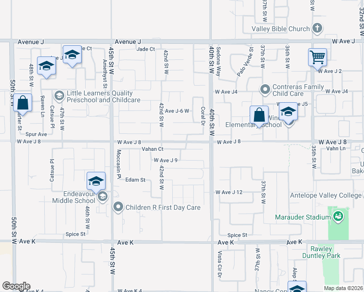 map of restaurants, bars, coffee shops, grocery stores, and more near 43941 Vintage Street in Lancaster